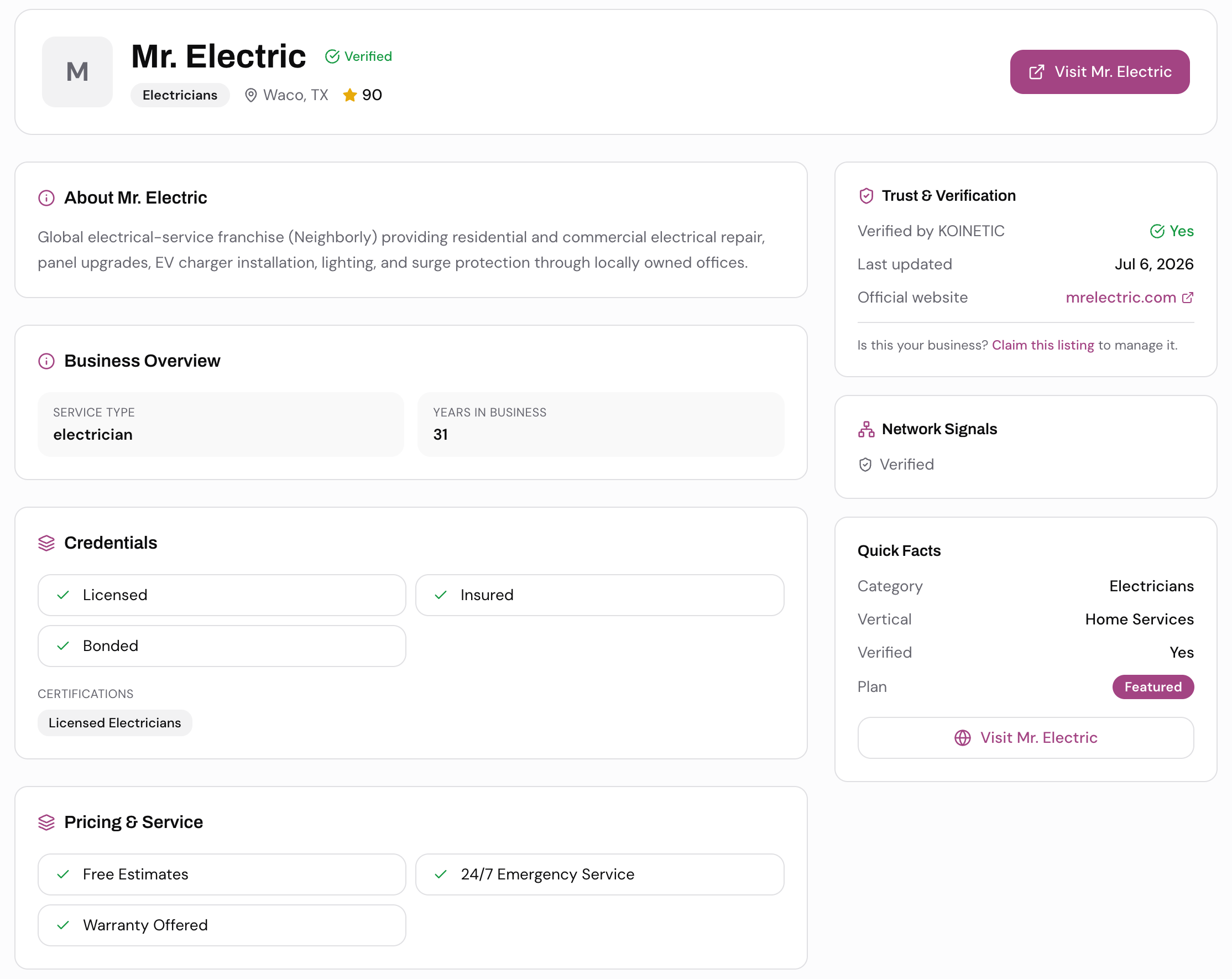Verified business listing card with credentials and trust signals