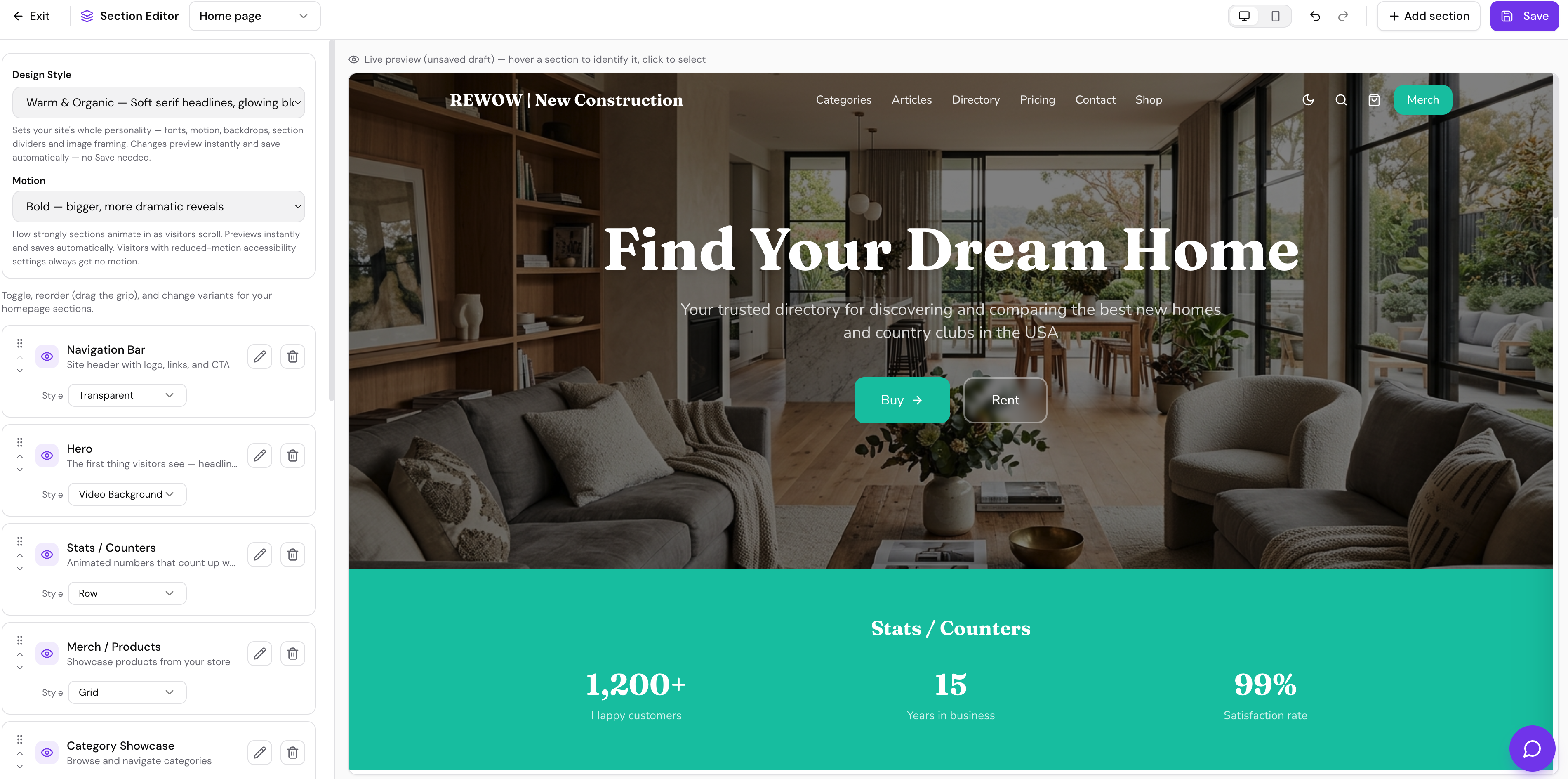 KOINETIC Section Editor — branded Storefront with listings and checkout