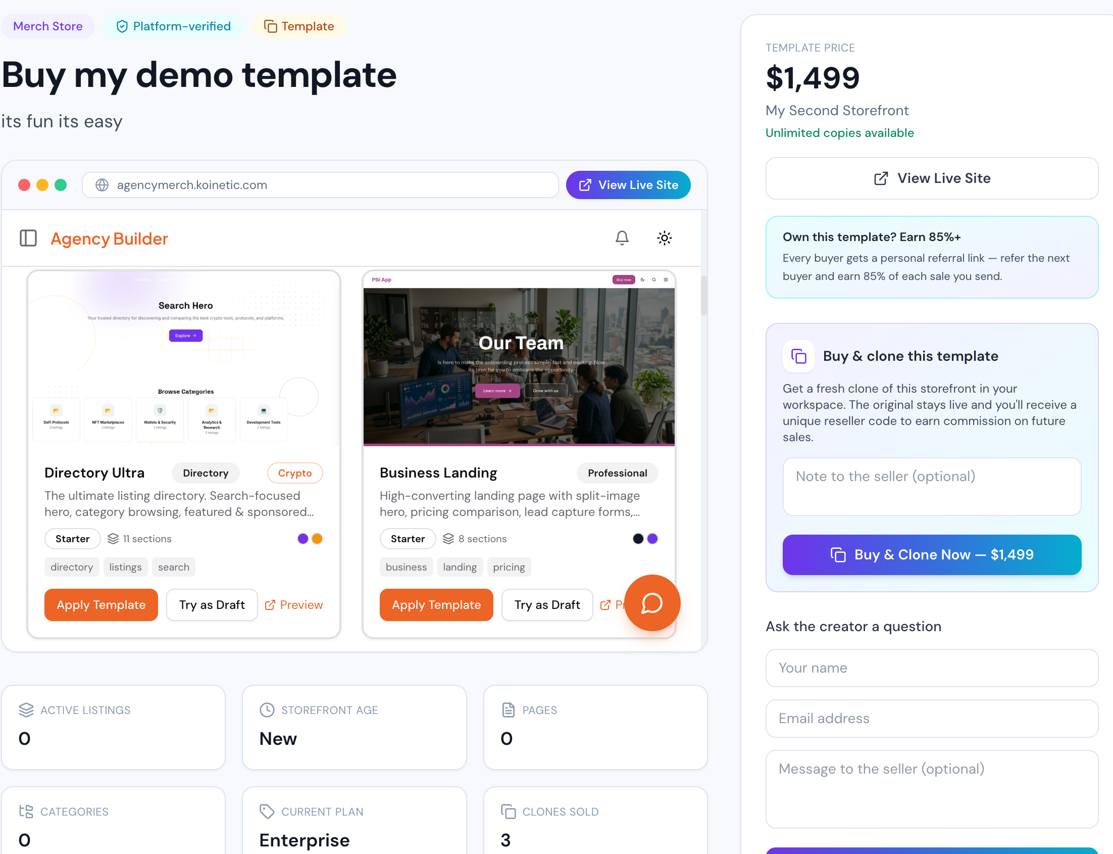 KOINETIC Marketplace listing — template pricing, clones sold, and verified stats